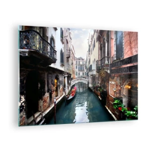 Tablou pe sticlă - Un canal venețian cu o gondolă înconjurat de clădiri istorice - 70x50cm - Peisaj venețian cu gondolă și pod - Decorațiune modernă pentru perete pentru living și dormitor ARTTOR