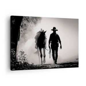 Tablou pe pânză Canvas - Cowboy cu cal în ceața dimineții - 70x50cm - Texas de dimineața - Decorațiune modernă pentru perete pentru living și dormitor ARTTOR