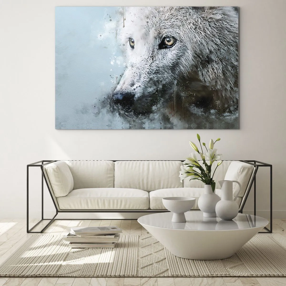 Tablou pe sticlă - Portret de lup cu accente artistice, estompate, în nuanțe de albastru - 70x50cm - Faceți cunoștință cu sufletul lupului - Decorațiune modernă pentru perete pentru living și dormitor ARTTOR