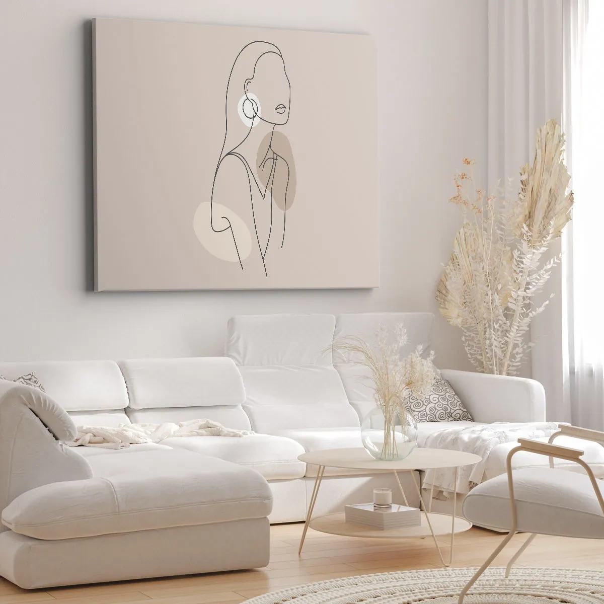 Tablou pe pânză Canvas - Ilustrație minimalistă a unei femei cu contururi pe un fundal bej - 70x50cm - Icoana fecioarei - Decorațiune modernă pentru perete pentru living și dormitor ARTTOR