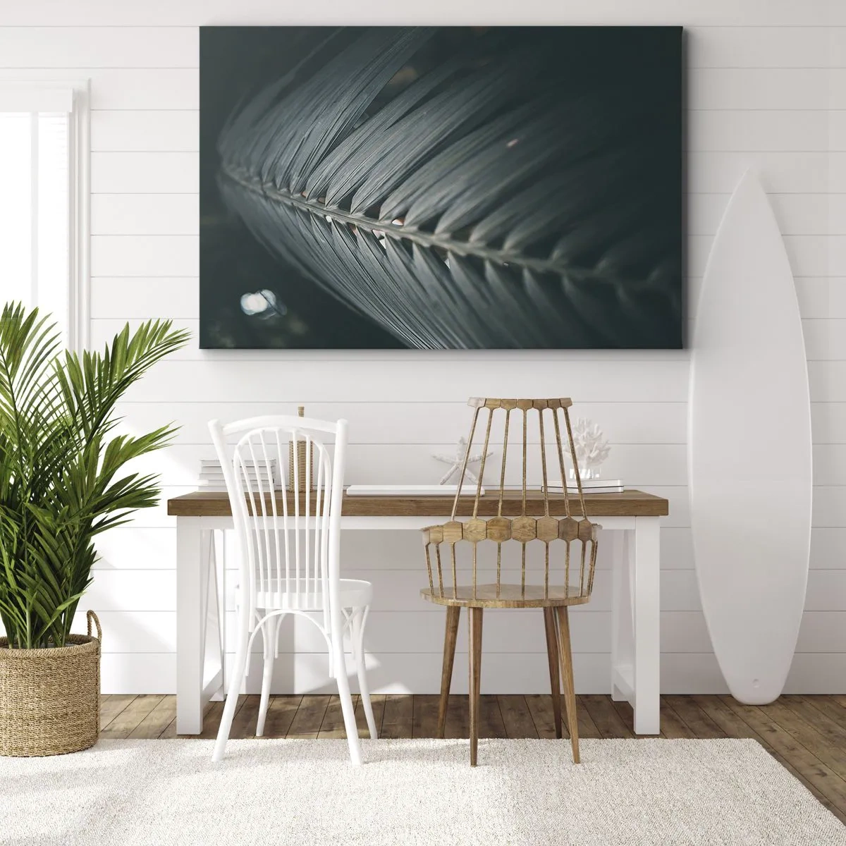Tablou pe pânză Canvas - Prim-plan al unui detaliu de frunză de palmier în tonuri închise - 70x50cm - Precizia naturii - Decorațiune modernă pentru perete pentru living și dormitor ARTTOR