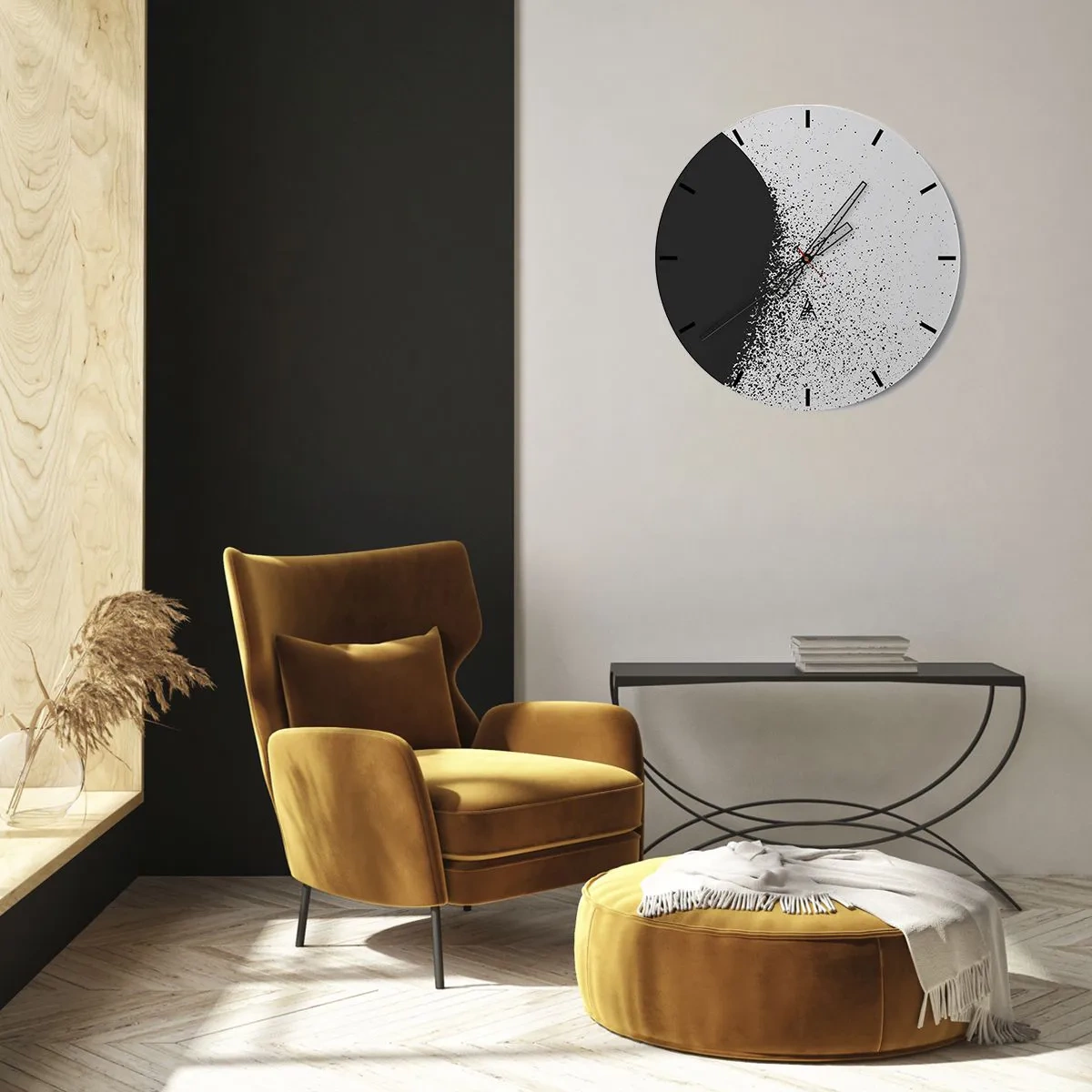 Ceas de perete - Ceas pe sticlă - Model abstract alb-negru cu puncte împrăștiate - 30x30cm - Mișcarea particulelor - Decorațiune modernă pentru perete pentru living, bucătărie și dormitor ARTTOR