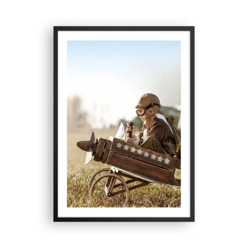 Poster în ramă neagră - Un copil într-un avion de lemn cu stele în fundal - 50x70cm - Porniți spre vis - Decorațiune modernă pentru perete pentru living și dormitor ARTTOR
