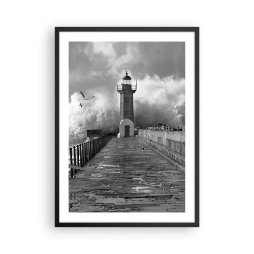 Poster în ramă neagră - Un far alb-negru înconjurat de valuri - 50x70cm - Fără frică - Decorațiune modernă pentru perete pentru living și dormitor ARTTOR