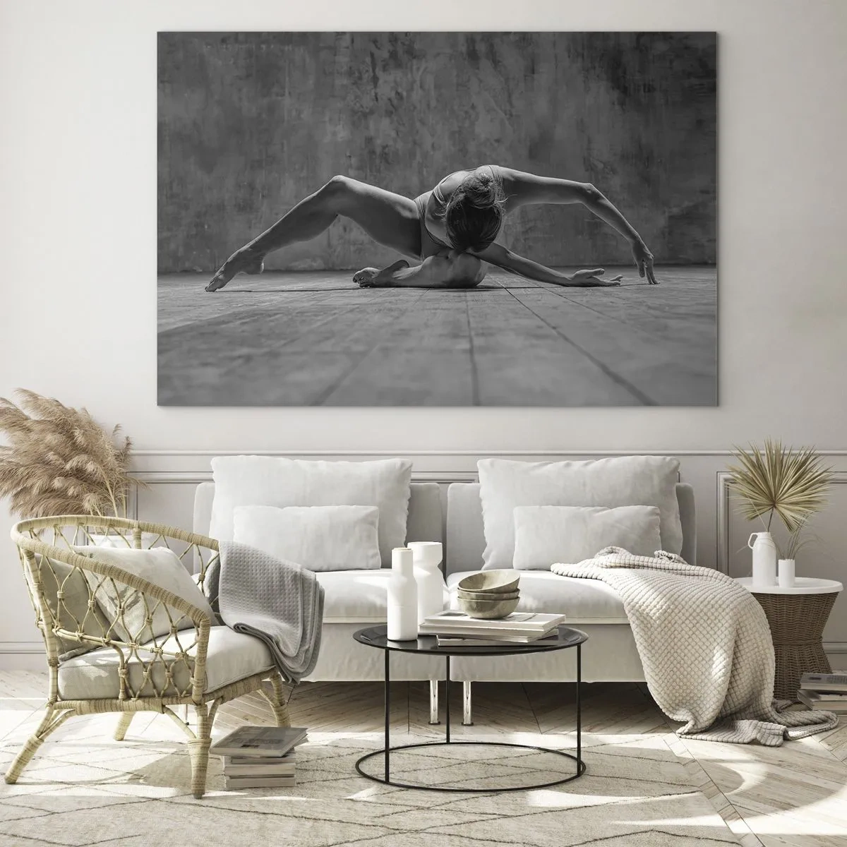 Tablou pe sticlă - Dansator într-o poză pe podea - 70x50cm - Simetria găsită - Decorațiune modernă pentru perete pentru living și dormitor ARTTOR