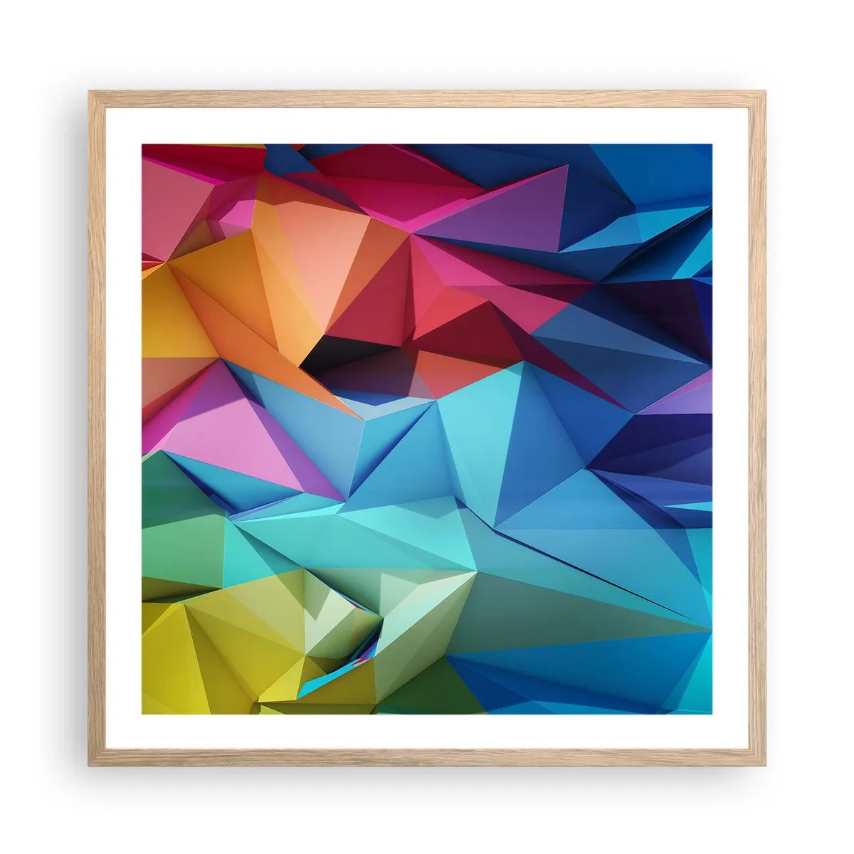 Poster în ramă de stejar deschis - Origami de curcubeu - 60x60 cm