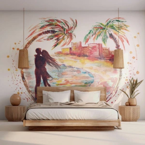 Tapet Premium Sand - Vacanța romantică - oameni, Palmier de nuca de cocos, plajă - 300x210 cm