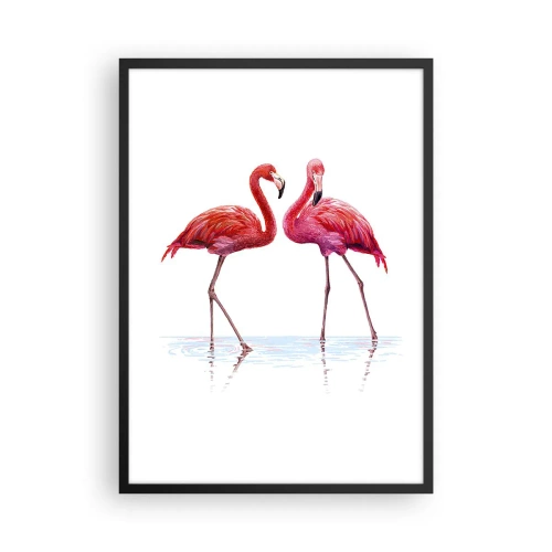 Poster în ramă neagră - Două flamingo pe un fundal alb cu reflexie în apă - 50x70cm - Pink randez-vous - Decorațiune modernă pentru perete pentru living și dormitor ARTTOR