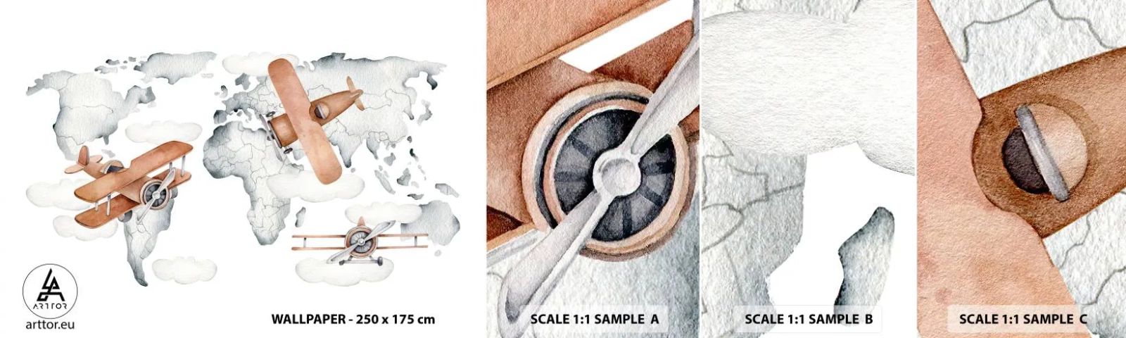 Mostră tapet autocolant Deluxe Sticker - În spirit de pionierat - Harta lumii, Avioane, Pentru copii - 100x30 cm