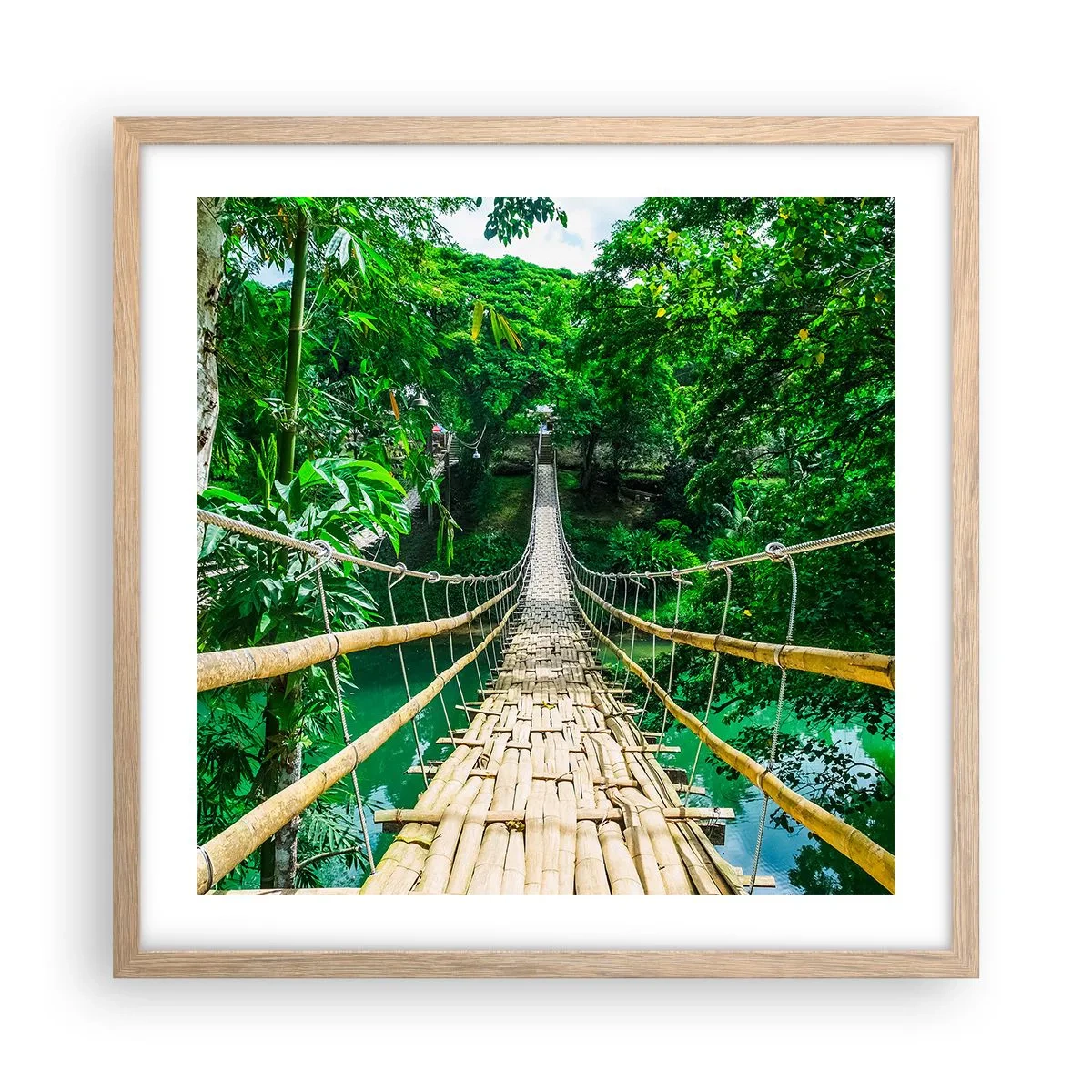 Poster în ramă de stejar deschis - Pod de maimuțe peste verdeață - 50x50 cm
