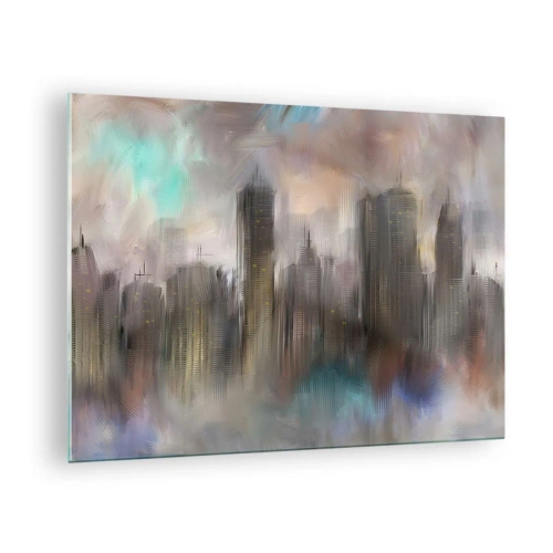Tablou pe sticlă - Imagine abstractă a unui oraș cu zgârie-nori - 70x50cm - O compoziție de oțel, piatră și ceață - Decorațiune modernă pentru perete pentru living și dormitor ARTTOR