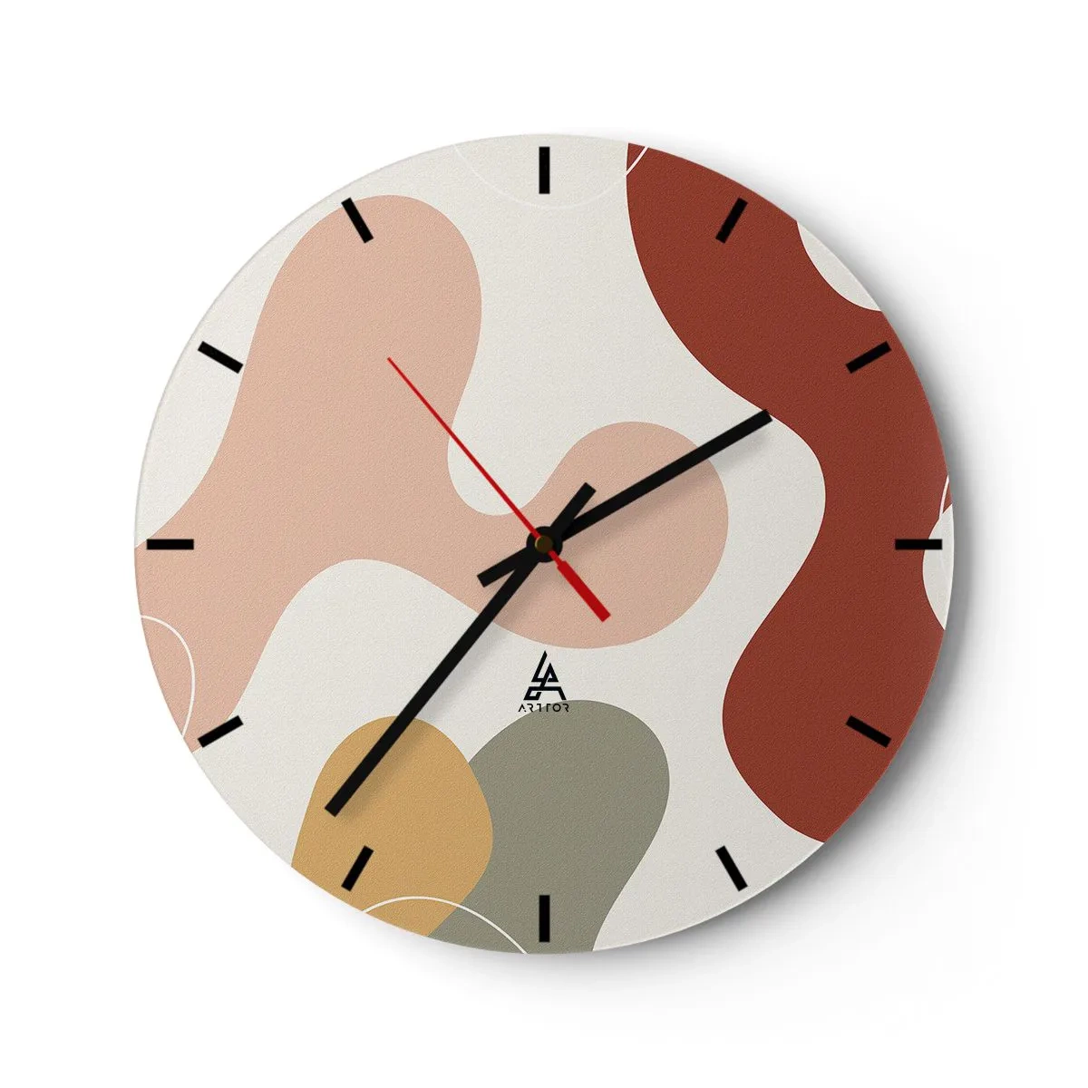 Ceas de perete - Ceas pe sticlă - O compoziție abstractă de forme și culori organice. - 30x30cm - Pete colorate? - Decorațiune modernă pentru perete pentru living, bucătărie și dormitor ARTTOR