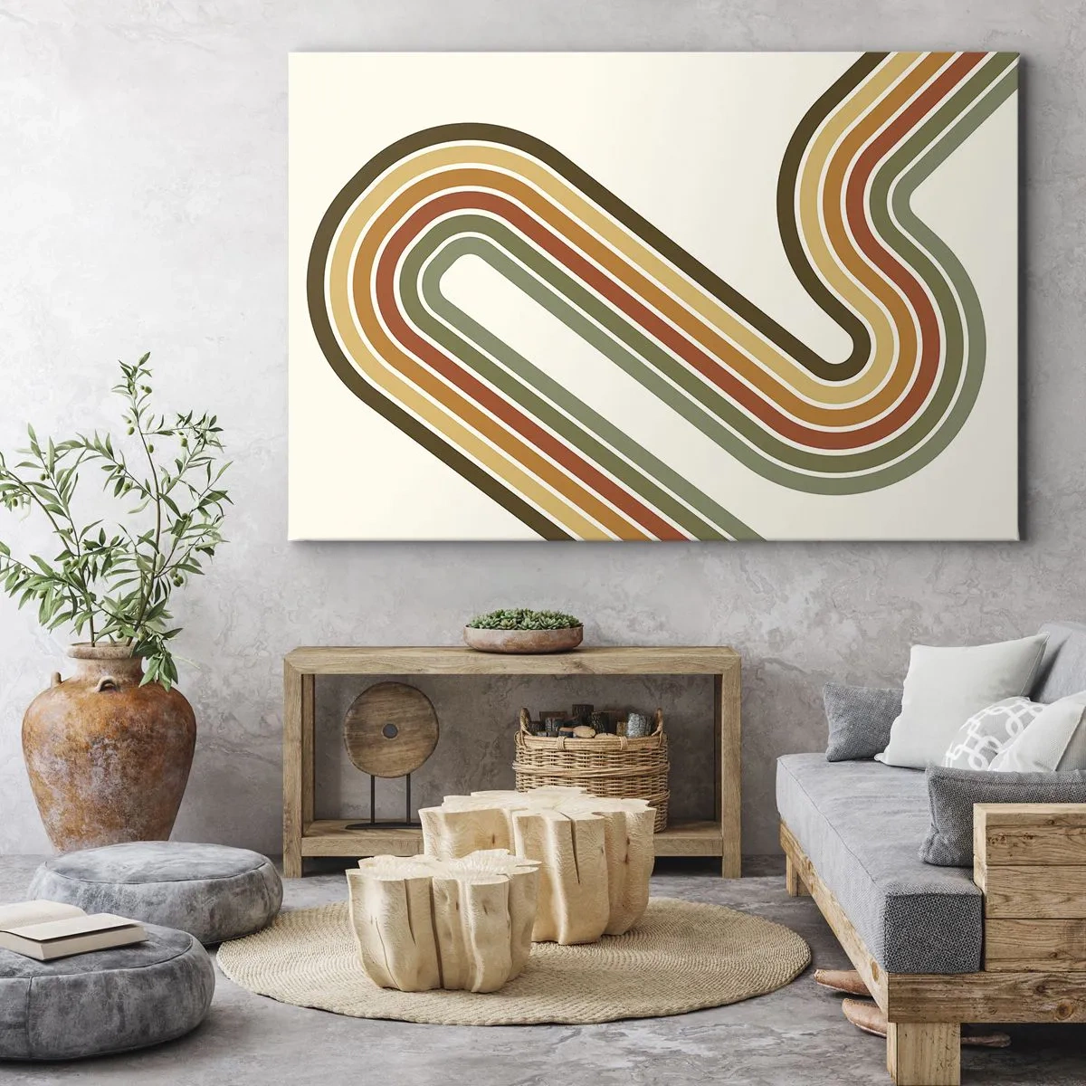 Tablou pe pânză Canvas - Model geometric în nuanțe de verde, portocaliu și bej pe un fundal deschis - 70x50cm - Cu zigzag până la destinație - Decorațiune modernă pentru perete pentru living și dormitor ARTTOR