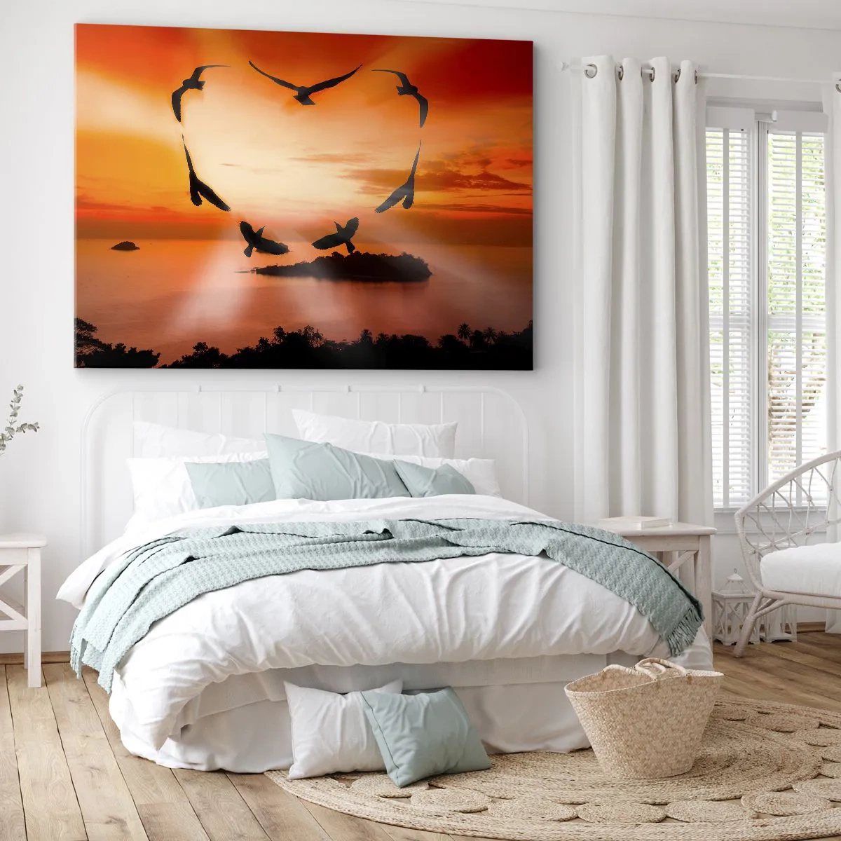 Tablou pe pânză Canvas - Păsări care formează o inimă pe fundalul soarelui care apune - 70x50cm - Iubește lumea ca o pasăre - Decorațiune modernă pentru perete pentru living și dormitor ARTTOR