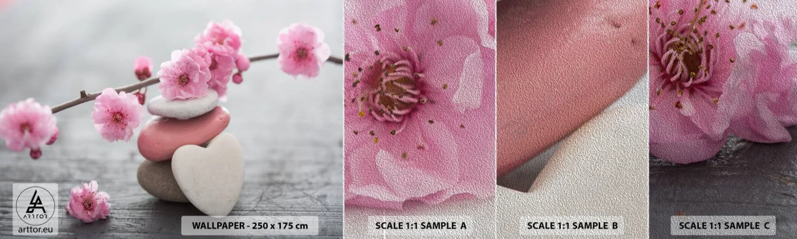 Mostră tapet Premium Sand - Fericirea florilor de cireș - inima, Floare, Pietre - 100x30 cm