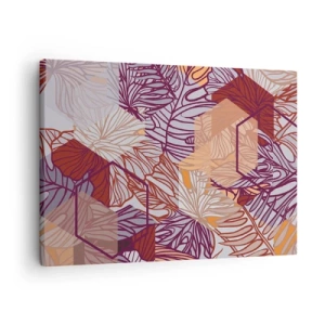 Tablou pe pânză Canvas - Un model decorativ cu frunze tropicale în nuanțe de violet, portocaliu și bej. - 70x50cm - Relația imposibilă dintre geometrie și natură - Decorațiune modernă pentru perete pentru living și dormitor ARTTOR