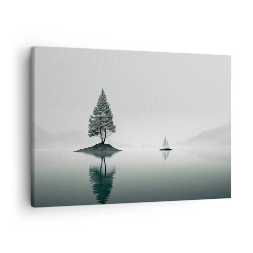 Tablou pe pânză Canvas - Un peisaj minimalist cu un copac pe o insulă și o barcă cu pânze. - 70x50cm - Visând cu ochii deschiși - Decorațiune modernă pentru perete pentru living și dormitor ARTTOR