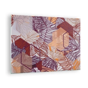 Tablou pe sticlă - Frunze grafice pe un fundal de forme geometrice - 70x50cm - Relația imposibilă dintre geometrie și natură - Decorațiune modernă pentru perete pentru living și dormitor ARTTOR