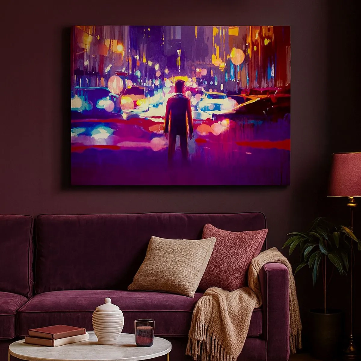 Tablou pe pânză Canvas - Un bărbat într-o scenă nocturnă neon a orașului - 70x50cm - Scufundat în lumină - Decorațiune modernă pentru perete pentru living și dormitor ARTTOR