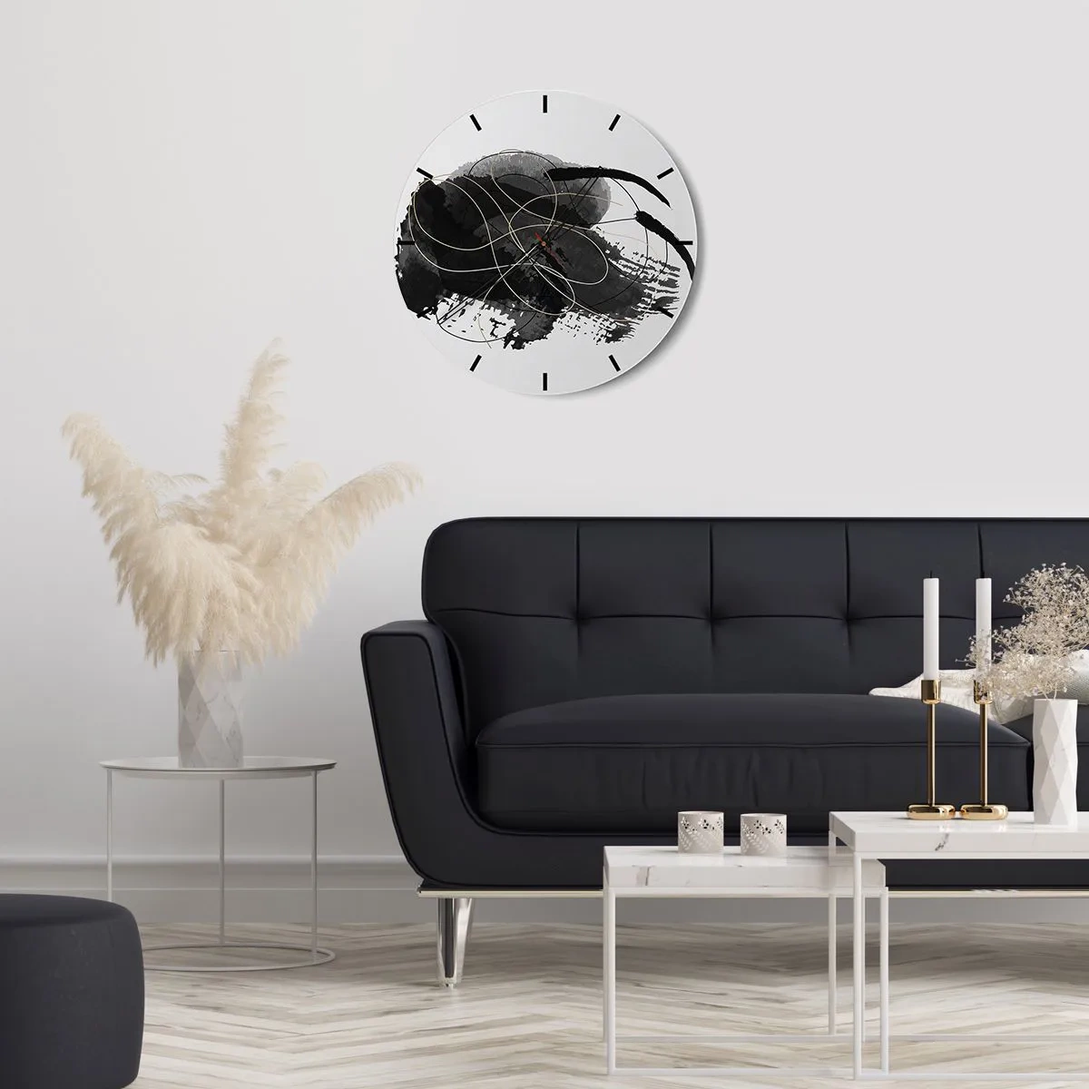 Ceas de perete - Ceas pe sticlă - Compoziție abstractă de linii negre și aurii - 30x30cm - Provenit din negru - Decorațiune modernă pentru perete pentru living, bucătărie și dormitor ARTTOR