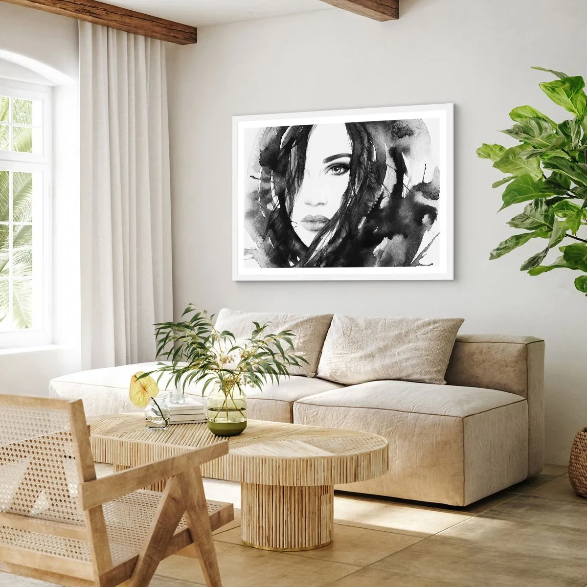 Poster în ramă albă - Studiu unei dame în alb și negru - 70x50 cm