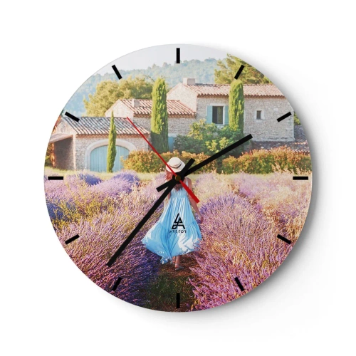 Ceas de perete - Ceas pe sticlă - O femeie într-o rochie albastră într-un câmp de lavandă - 30x30cm - Fata de lavandă - Decorațiune modernă pentru perete pentru living, bucătărie și dormitor ARTTOR