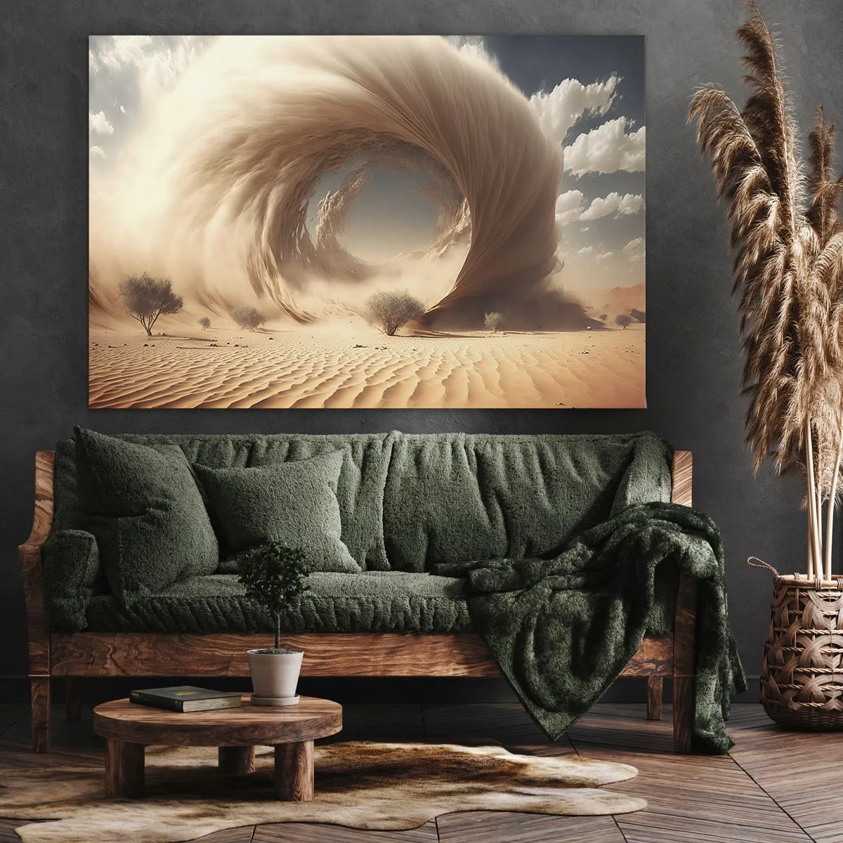 Tablou pe pânză Canvas - Vârtej dinamic de nisip într-un deșert cu copaci - 70x50cm - Portal deschis - Decorațiune modernă pentru perete pentru living și dormitor ARTTOR