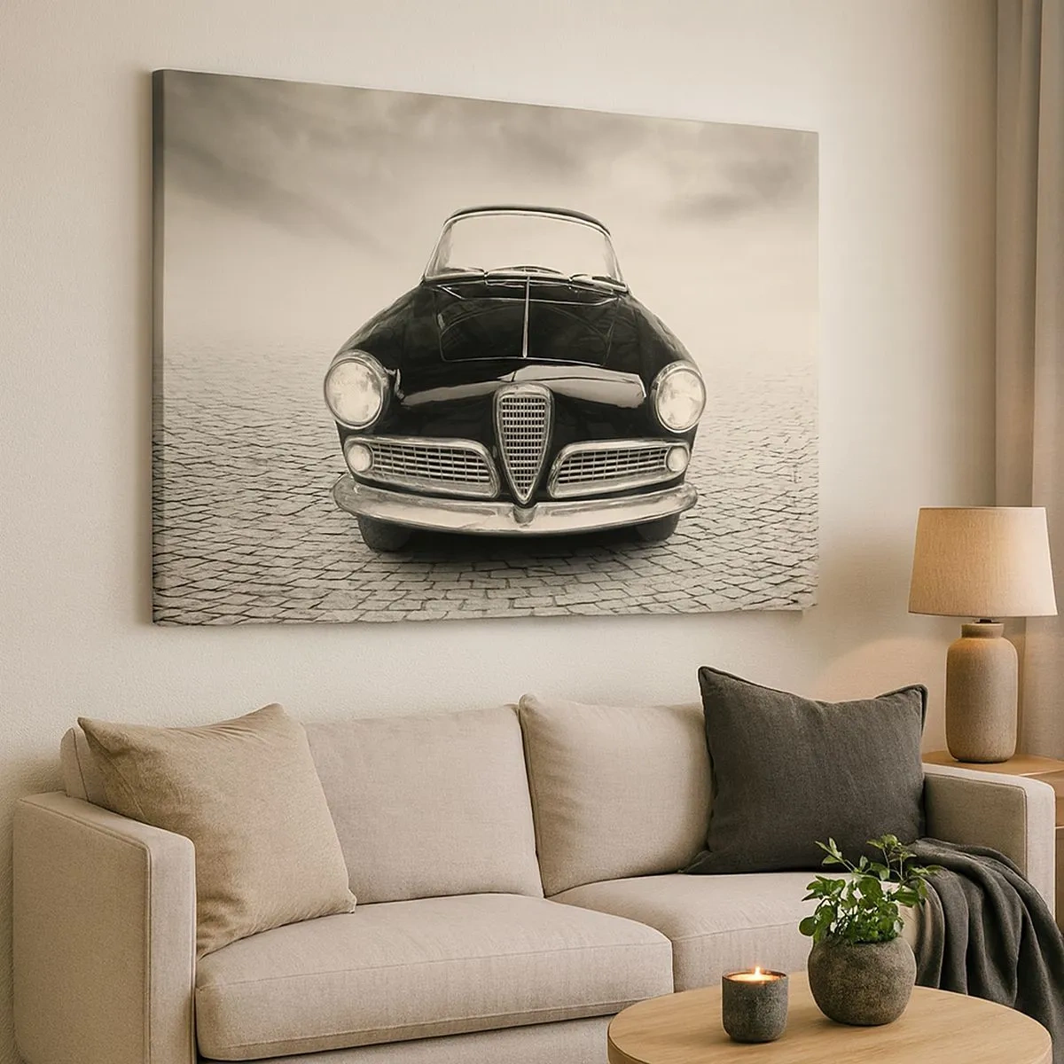 Tablou pe pânză Canvas - O mașină clasică pe o piață pietruită, în stil monocromatic - 70x50cm - Și cum să nu mă iubești? - Decorațiune modernă pentru perete pentru living și dormitor ARTTOR