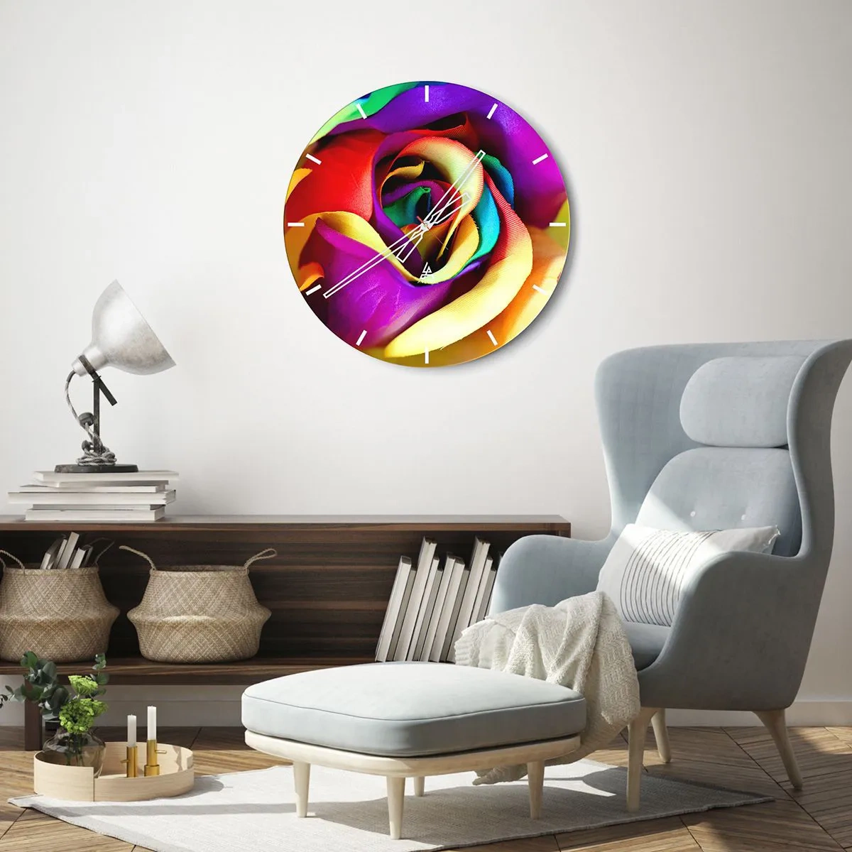 Ceas de perete - Ceas pe sticlă - Un prim-plan al unui trandafir curcubeu cu culori intense - 30x30cm - Acest lucru este imposibil - Decorațiune modernă pentru perete pentru living, bucătărie și dormitor ARTTOR