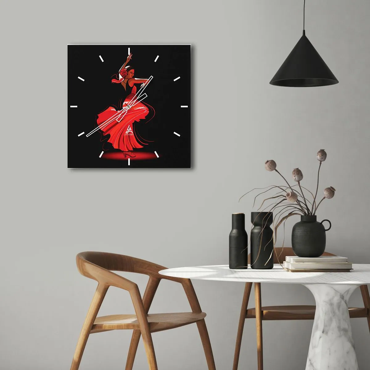 Ceas de perete - Ceas pe sticlă - Spiritul înflăcărat al flamenco-ului - 40x40 cm