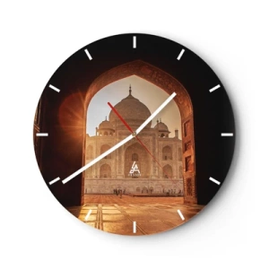Ceas de perete - Ceas pe sticlă - O clădire istorică în lumina soarelui, văzută printr-un arc - 30x30cm - Un monument al iubirii nepământene - Decorațiune modernă pentru perete pentru living, bucătărie și dormitor ARTTOR