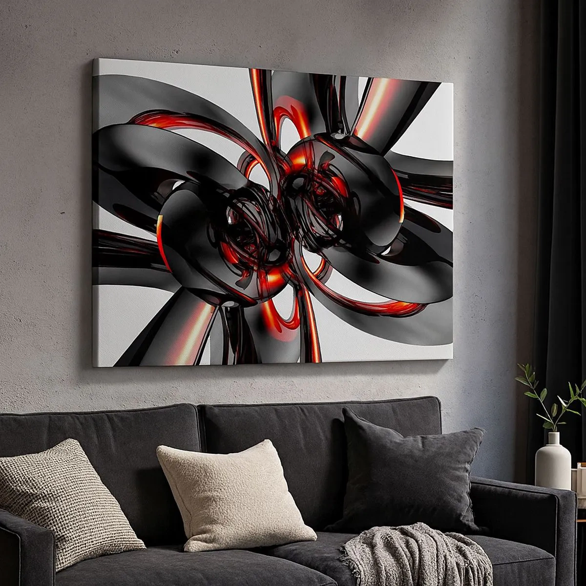Tablou pe pânză Canvas - Grafică 3D abstractă cu elemente negre și roșii - 70x50cm - Mișcare în grafit și roșu - Decorațiune modernă pentru perete pentru living și dormitor ARTTOR