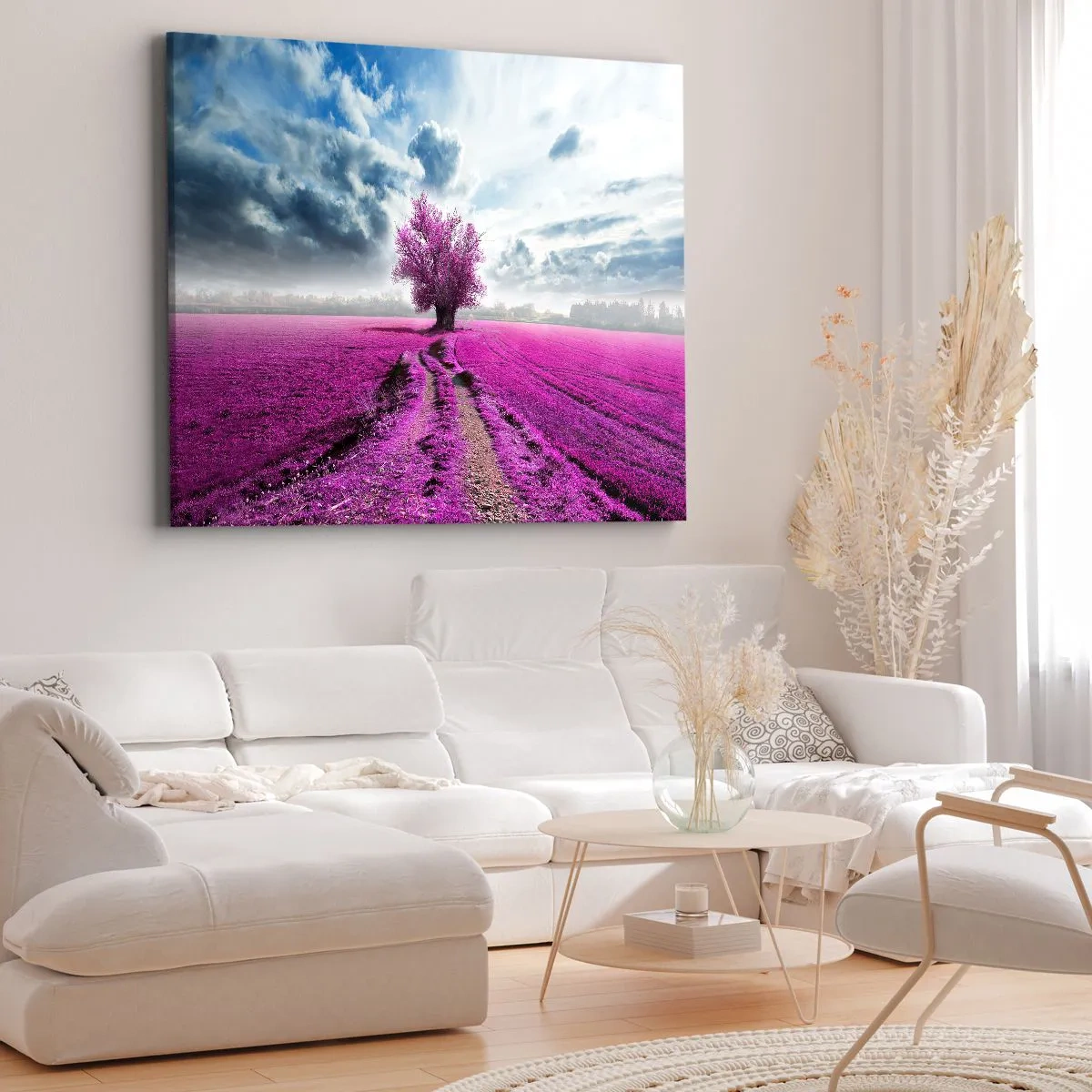 Tablou pe pânză Canvas - Un copac singuratic într-un câmp într-o nuanță de roz intens - 70x50cm - Câmpul cu iarbă neagră - Decorațiune modernă pentru perete pentru living și dormitor ARTTOR