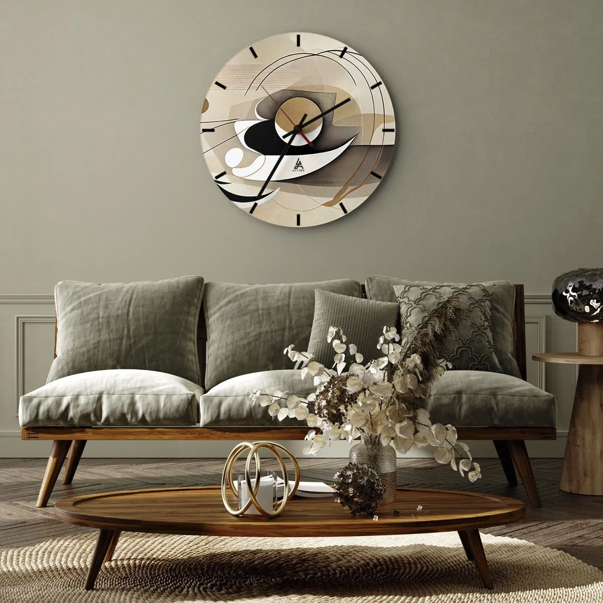 Ceas de perete - Ceas pe sticlă - O compoziție geometrică cu arcuri și forme în nuanțe de bej. - 30x30cm - Compoziție - nucleu - Decorațiune modernă pentru perete pentru living, bucătărie și dormitor ARTTOR