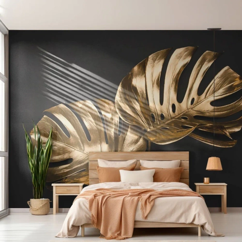 Fototapetă personalizată Premium Sand - Comorile naturii - Abstracția, Frunze aurii, Frunza de monstera