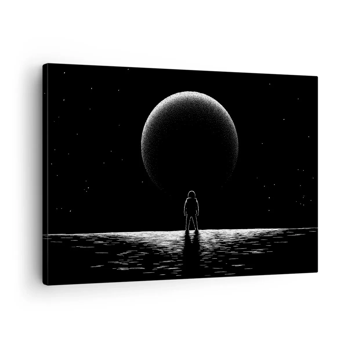 Tablou pe pânză Canvas - Un astronaut pe fundalul unei planete mari în spațiul cosmic - 70x50cm - Față în față - Decorațiune modernă pentru perete pentru living și dormitor ARTTOR