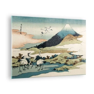 Tablou pe sticlă - O pictură reprezentând păsări într-un peisaj japonez cu vedere la Muntele Fuji. - 70x50cm - În mod japonez - Decorațiune modernă pentru perete pentru living și dormitor ARTTOR