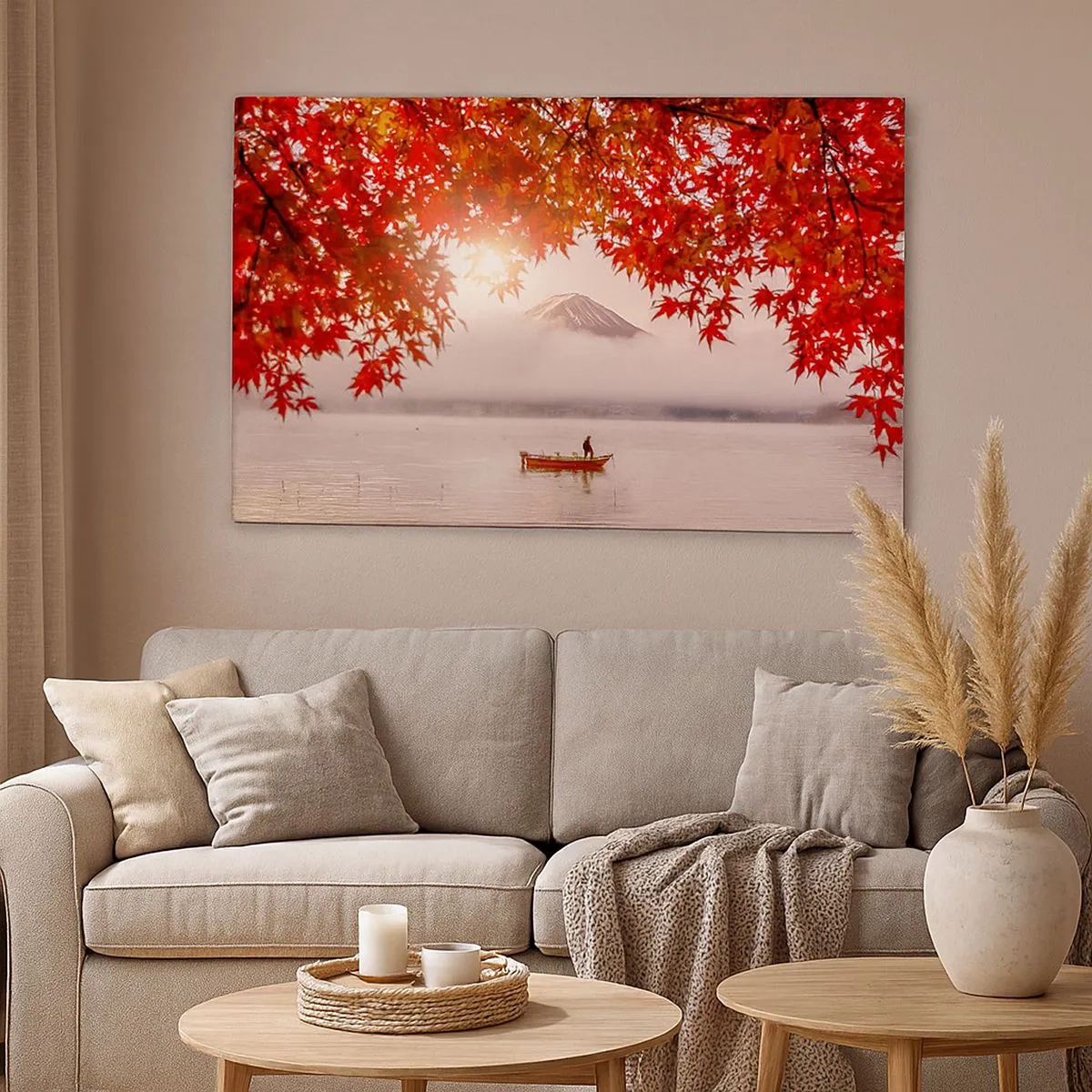 Tablou pe pânză Canvas - O barcă pe un lac înconjurată de frunze roșii de arțar - 70x50cm - În stil japonez - Decorațiune modernă pentru perete pentru living și dormitor ARTTOR