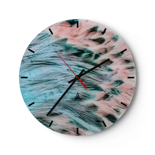 Ceas de perete - Ceas pe sticlă - Model abstract de pene în nuanțe de safir și roz - 30x30cm - Puful roz și safir - Decorațiune modernă pentru perete pentru living, bucătărie și dormitor ARTTOR