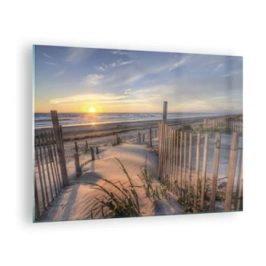 Tablou pe sticlă - Plajă cu dune la apus - 70x50cm - Strălucirea și umbra vântului - Decorațiune modernă pentru perete pentru living și dormitor ARTTOR