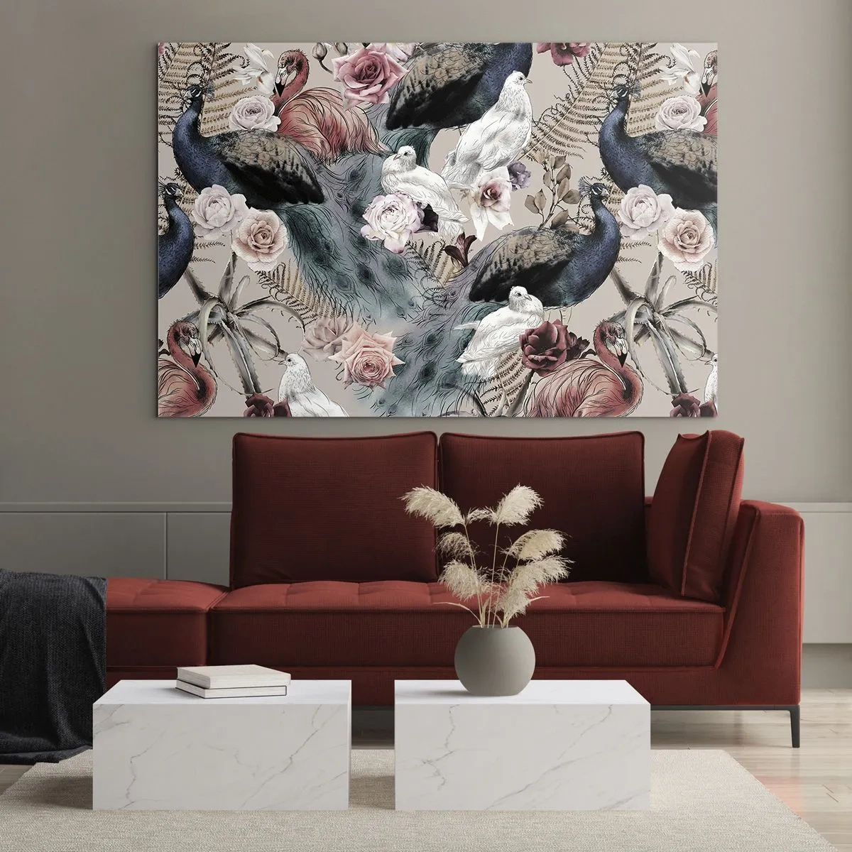 Tablou pe sticlă - Păuni și flamingo înconjurați de trandafiri și ferigi - 70x50cm - În grădina palatului - Decorațiune modernă pentru perete pentru living și dormitor ARTTOR