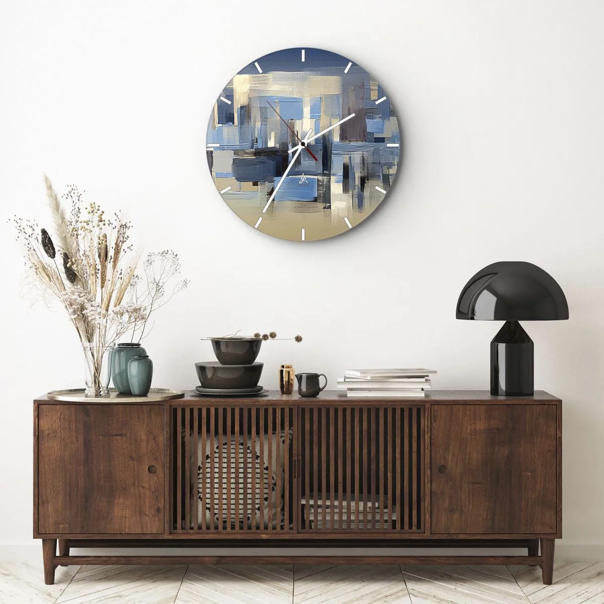 Ceas de perete - Ceas pe sticlă - Compoziție geometrică abstractă în nuanțe de albastru - 30x30cm - Construcție albastră - Decorațiune modernă pentru perete pentru living, bucătărie și dormitor ARTTOR