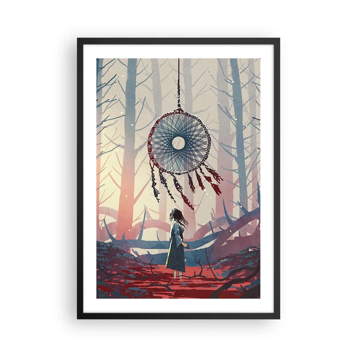 Poster în ramă neagră - O figură în pădure cu un captator de vise pe un fundal pastel. - 50x70cm - Ritualul secret al fericirii - Decorațiune modernă pentru perete pentru living și dormitor ARTTOR