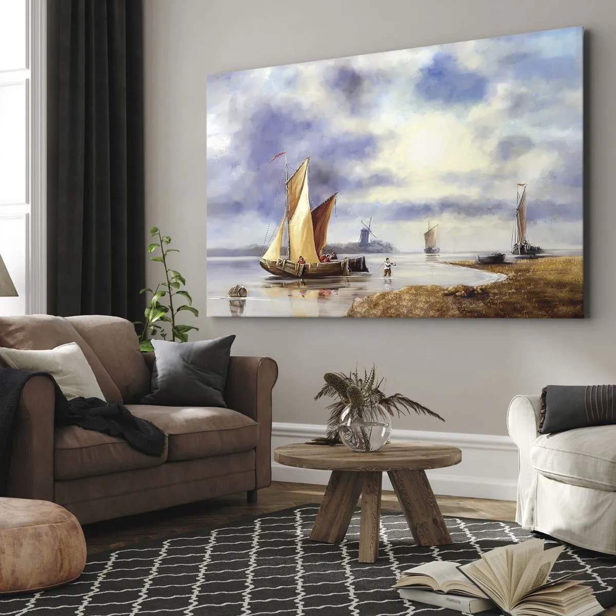 Tablou pe pânză Canvas - Bărci cu pânze pe ape calme cu mori de vânt în fundal - 70x50cm - Întoarcerea marinarilor - Decorațiune modernă pentru perete pentru living și dormitor ARTTOR