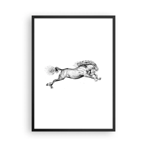 Poster în ramă neagră - Ilustrație a unui cal în galop în alb și negru - 50x70cm - Oprit din galop - Decorațiune modernă pentru perete pentru living și dormitor ARTTOR