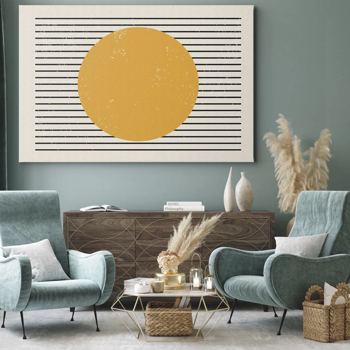 Tablou pe pânză Canvas - Un cerc galben pe un fundal de linii orizontale alb-negru - 70x50cm - Puterea simplității - Decorațiune modernă pentru perete pentru living și dormitor ARTTOR