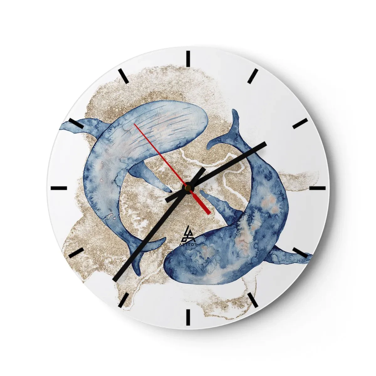 Ceas de perete - Ceas pe sticlă - Balene albastre pe nisipul auriu - 30x30cm - Prietenie sau iubire? - Decorațiune modernă pentru perete pentru living, bucătărie și dormitor ARTTOR