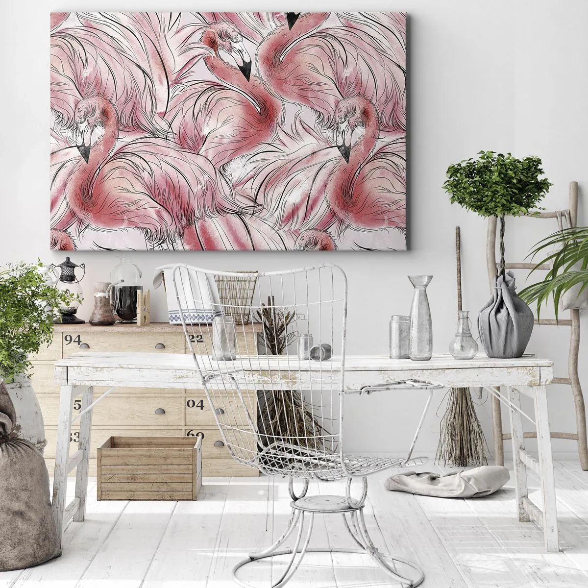Tablou pe pânză Canvas - Desene delicate cu flamingo roz - 70x50cm - Corpul de balet al păsărilor - Decorațiune modernă pentru perete pentru living și dormitor ARTTOR