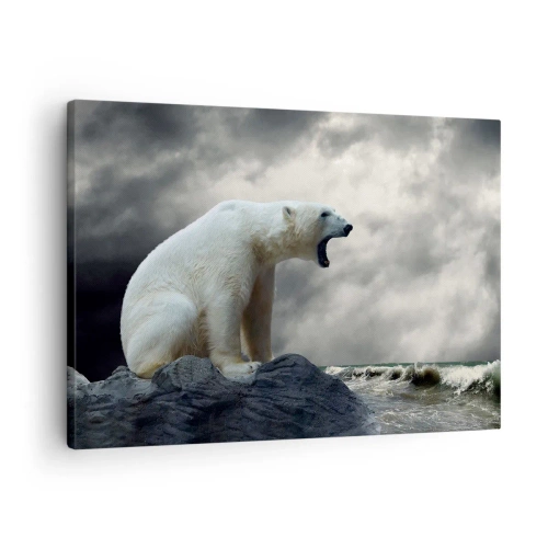 Tablou pe pânză Canvas - Un urs polar pe stânci deasupra unei mări furtunoase - 70x50cm - Regele singuratic al Arcticii - Decorațiune modernă pentru perete pentru living și dormitor ARTTOR