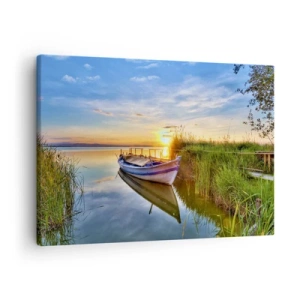 Tablou pe pânză Canvas - O barcă într-un golf liniștit la apus - 70x50cm - Golfulețul viselor împlinite - Decorațiune modernă pentru perete pentru living și dormitor ARTTOR